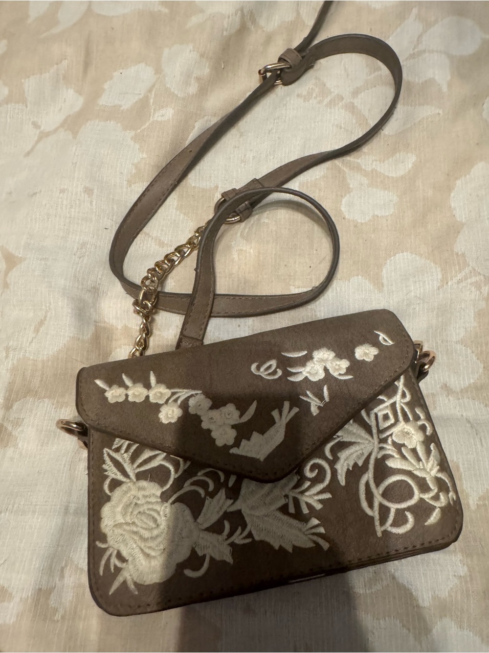 Embroidered Brown Crossbody Bag with Cream Floral Accents